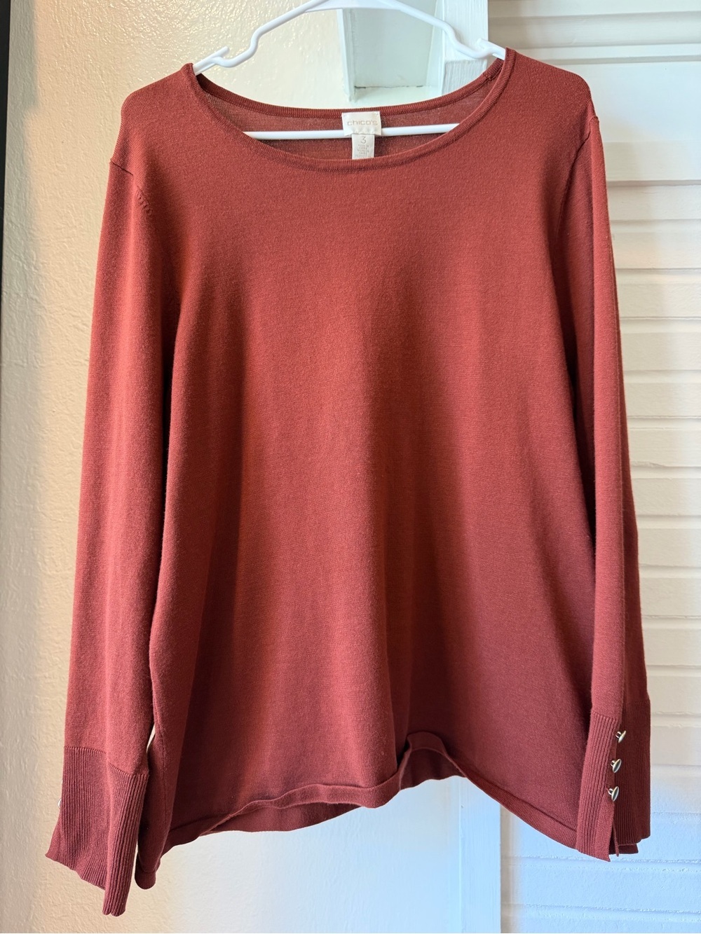 Chico’s Rust Knit Sweater Size 3 XL Boat Neck Button Cuff Lightweight Top